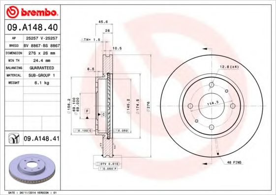 BREMBO 09A14841 Тормозные диски BREMBO для MITSUBISHI