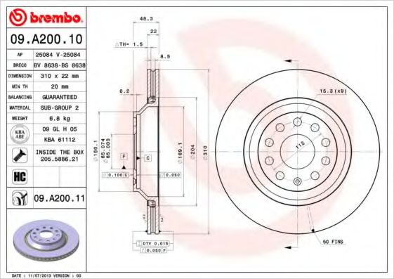 BREMBO 09A20011 Тормозные диски для AUDI TT