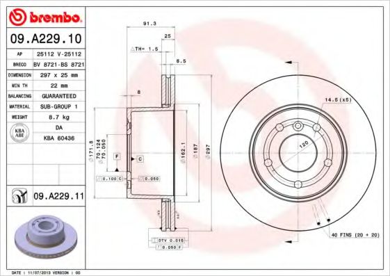 BREMBO 09A22911 Тормозные диски для LAND ROVER DISCOVERY
