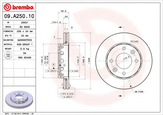 BREMBO 09A25010 Тормозные диски BREMBO для KIA