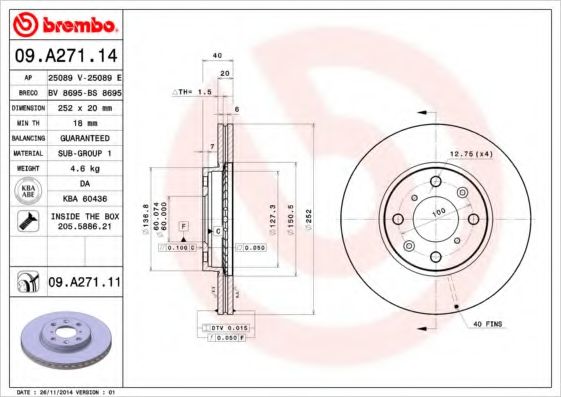 BREMBO 09A27111 Тормозные диски для OPEL AGILA