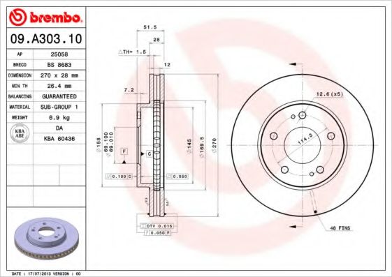 BREMBO 09A30310 Тормозные диски для MITSUBISHI L200