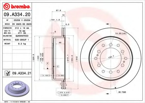 BREMBO 09A33420 Тормозные диски BREMBO для LEXUS