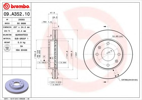 BREMBO 09A35210 Тормозные диски BREMBO для HYUNDAI