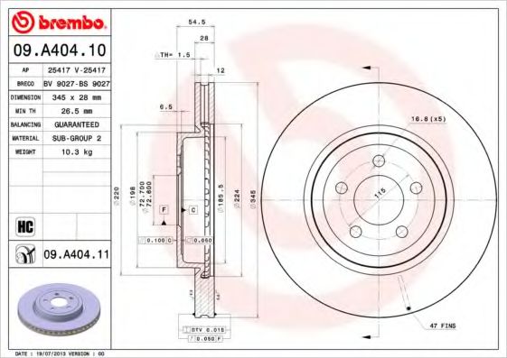 BREMBO 09A40411 Тормозные диски для CHRYSLER 300C