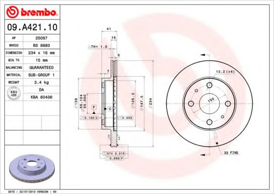 BREMBO 09A42110 Тормозные диски для DAIHATSU STORIA