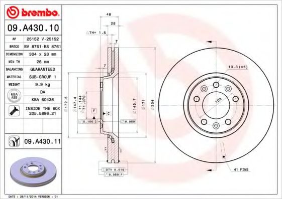 BREMBO 09A43010 Тормозные диски BREMBO для CITROEN