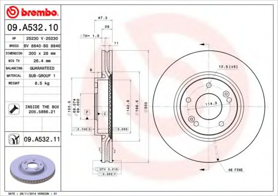 BREMBO 09A53211 Тормозные диски для HYUNDAI I40