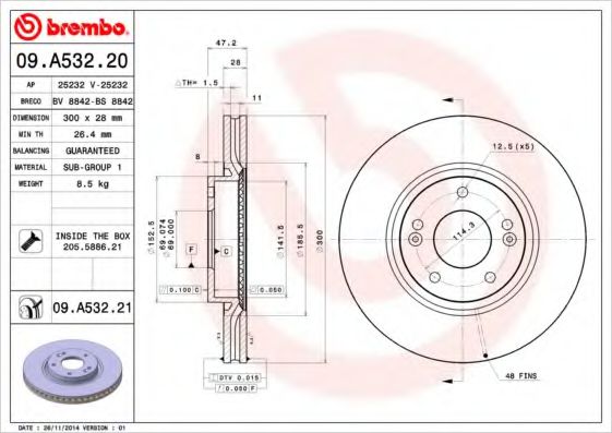 BREMBO 09A53220 Тормозные диски для HYUNDAI VELOSTER