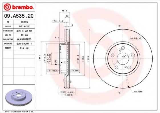 BREMBO 09A53520 Тормозные диски для TOYOTA RACTIS