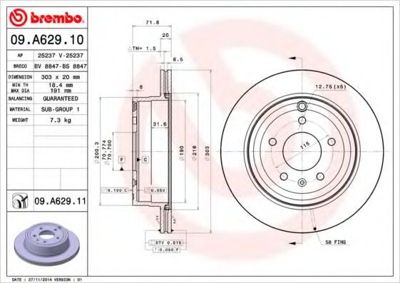 BREMBO 09A62910 Тормозные диски BREMBO для CHEVROLET