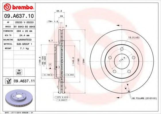 BREMBO 09A63711 Тормозные диски для DODGE CALIBER