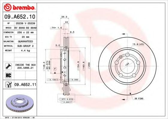 BREMBO 09A65211 Тормозные диски BREMBO для VOLKSWAGEN