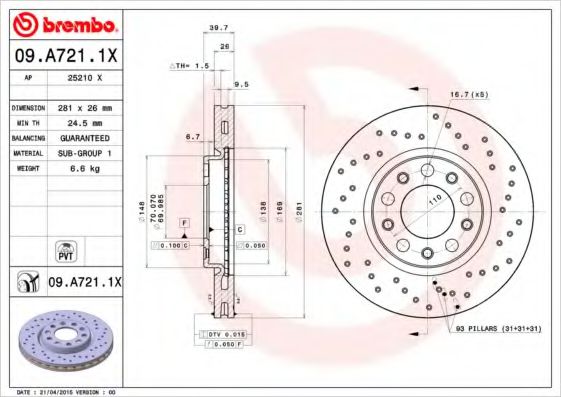 BREMBO 09A7211X Тормозные диски для JEEP RENEGADE