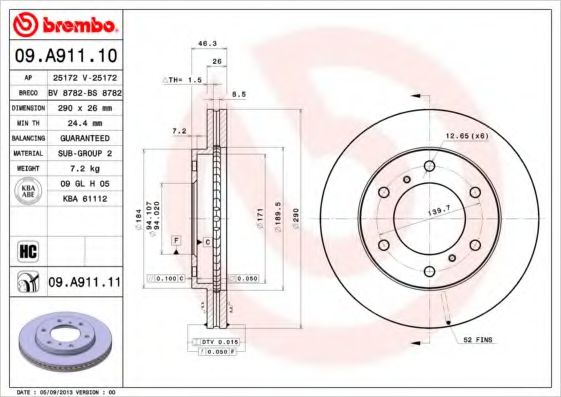 BREMBO 09A91110 Тормозные диски BREMBO для MITSUBISHI