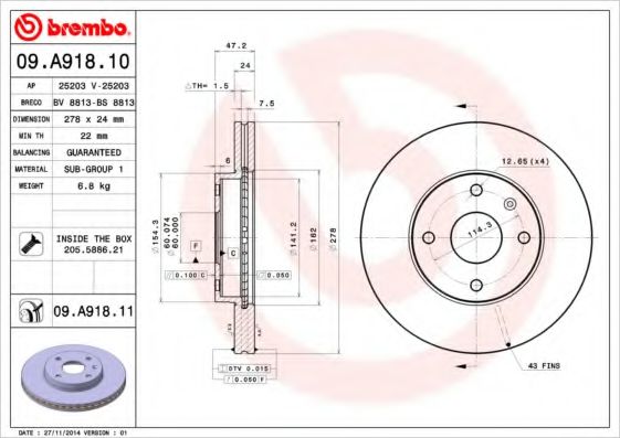 BREMBO 09A91810 Тормозные диски для CHEVROLET