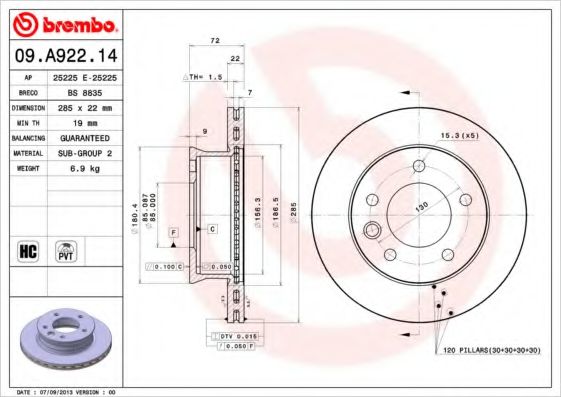 BREMBO 09A92214 Тормозные диски BREMBO для MERCEDES-BENZ