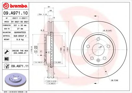 BREMBO 09A97110 Тормозные диски BREMBO для CHEVROLET