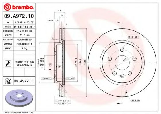 BREMBO 09A97211 Тормозные диски для CHEVROLET MALIBU