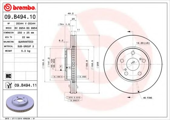 BREMBO 09B49410 Тормозные диски BREMBO для LEXUS