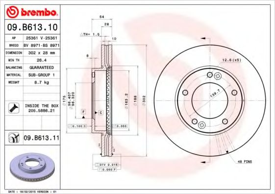 BREMBO 09B61311 Тормозные диски BREMBO для KIA