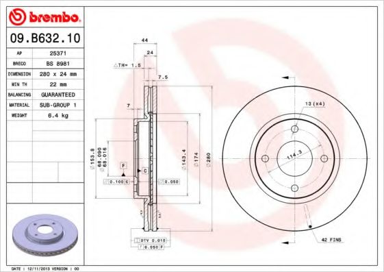 BREMBO 09B63210 Тормозные диски для NISSAN CUBE
