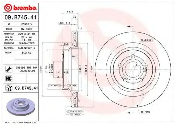 BREMBO 09B74541 Тормозные диски для MERCEDES-BENZ CLS