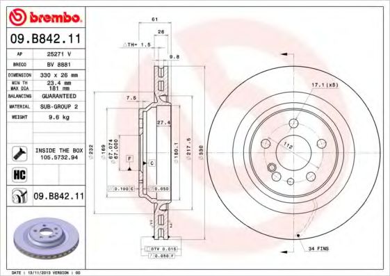 BREMBO 09B84211 Тормозные диски для MERCEDES-BENZ CL-CLASS