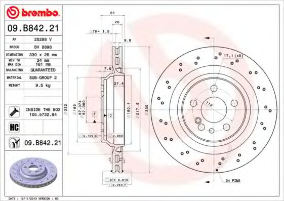 BREMBO 09B84221 Тормозные диски для MERCEDES-BENZ CL-CLASS