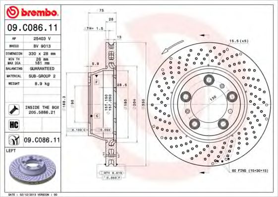 BREMBO 09C08611 Тормозные диски BREMBO для PORSCHE
