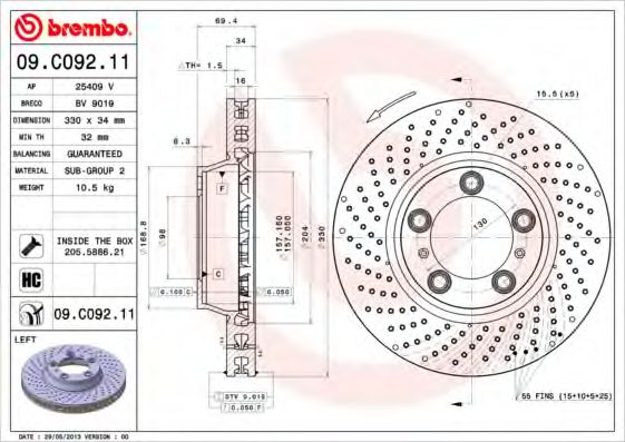 BREMBO 09C09211 Тормозные диски BREMBO для PORSCHE