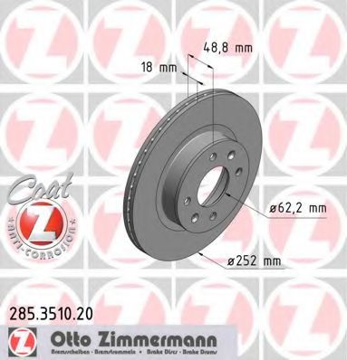 ZIMMERMANN 285351020 Тормозные диски ZIMMERMANN для KIA